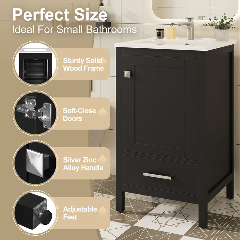 ELEMENT ACE Compact Bathroom Vanity with Integrated Ceramic Sink, Soft-Close Drawer & Door, Divider Drawer, Adjustable Foot Pads for Small Bathrooms image number 5