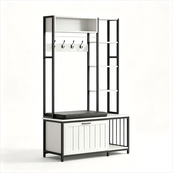 Hall Tree with Bench and Shoe Storage, 39.4" Entryway Bench with Coat Rack freestanding, Wall Rack 4 Hooks and Shelves, 39.37" x 15.74&ldquo; x 69.69"