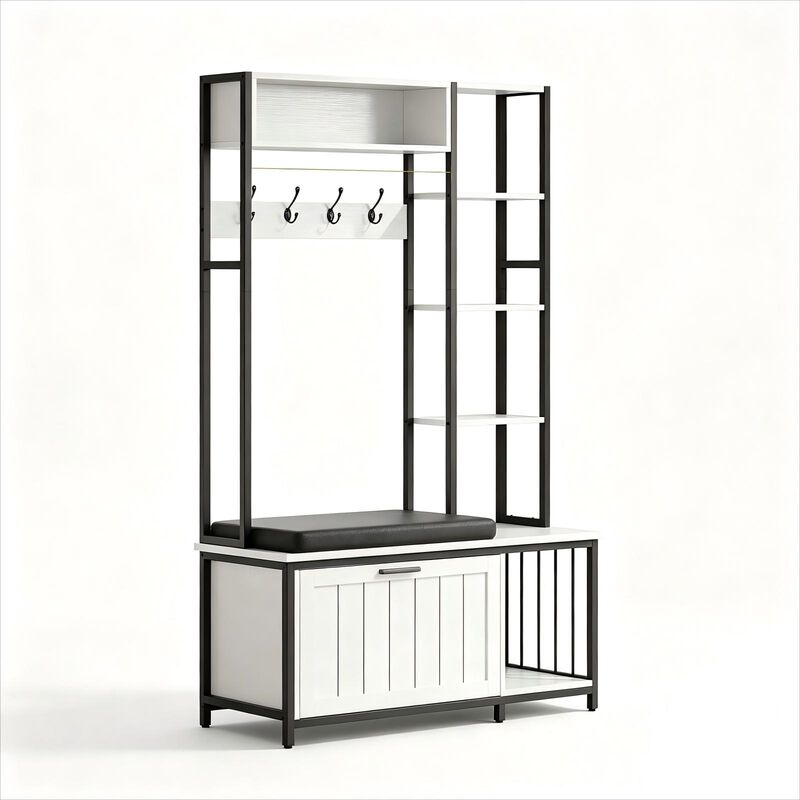 Hall Tree with Bench and Shoe Storage, 39.4" Entryway Bench with Coat Rack freestanding, Wall Rack 4 Hooks and Shelves, 39.37" x 15.74&ldquo; x 69.69" image number 0