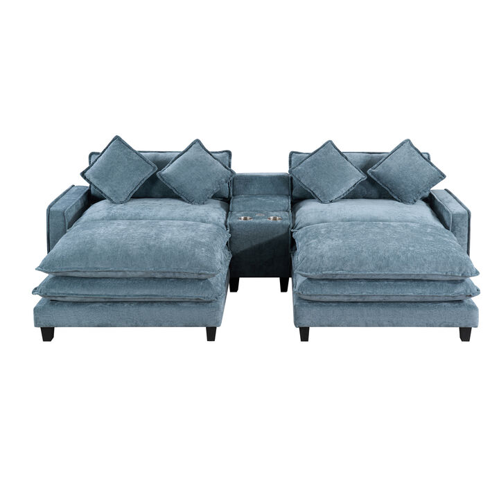 Whisen 111" Sectional Sofa, Chenille Modular Couch with Removable Ottomans, USB Ports & Storage for Living Room, Apartment