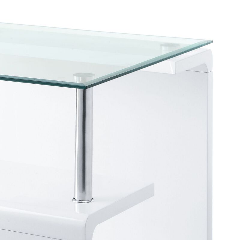 24 Inch Square Accent End Table, Glass Top, Open Shelf, White, Chrome