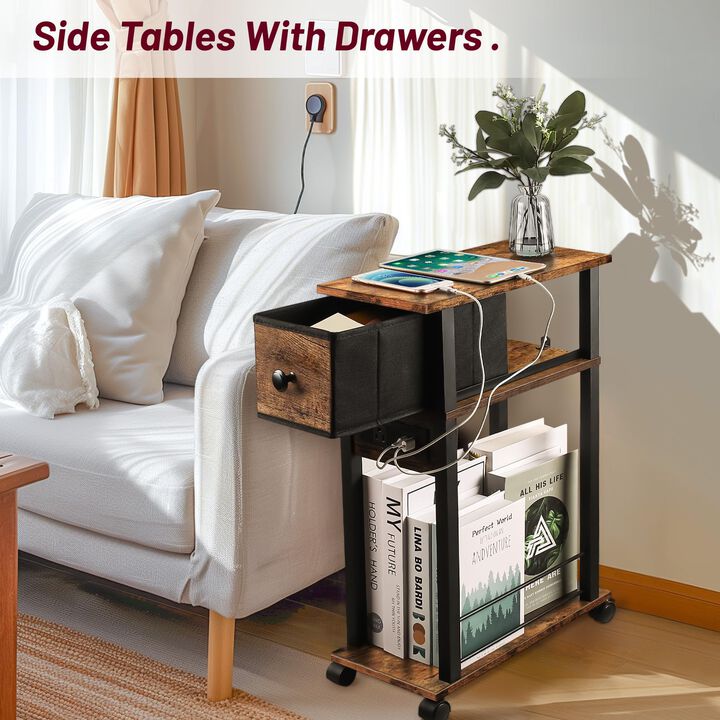 DGSANDGO Side Table with Charging Station and Drawer, Narrow End Table with USB Ports and Outlets for Small Space, Living Room,