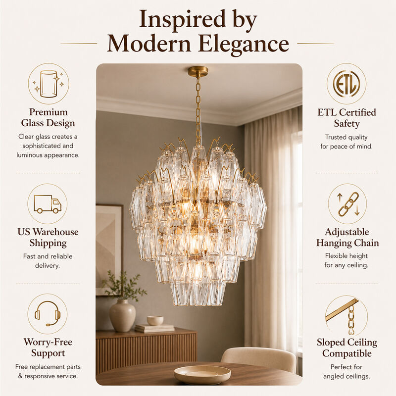 18'' Midcentury Modern Murano Glass Round Chandeliers 6-Light Handblown Glass Pendant Light Fixture Warm Brass Finish For Dining Room Living Room image number 5
