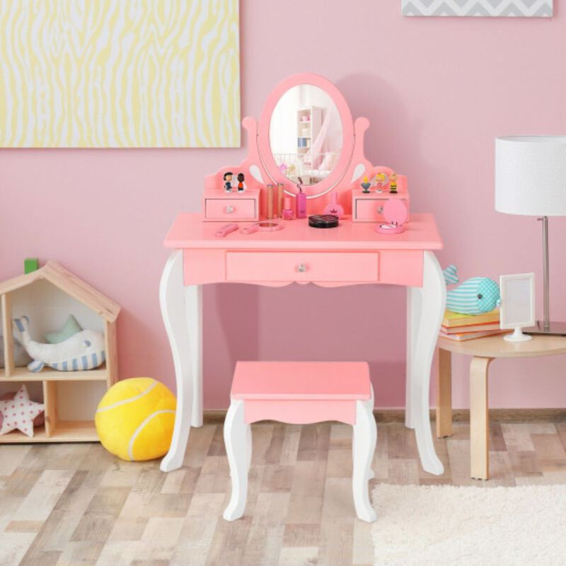 Kids Vanity Princess Makeup Dressing Table Stool Set with Mirror and Drawer-Pink image number 3