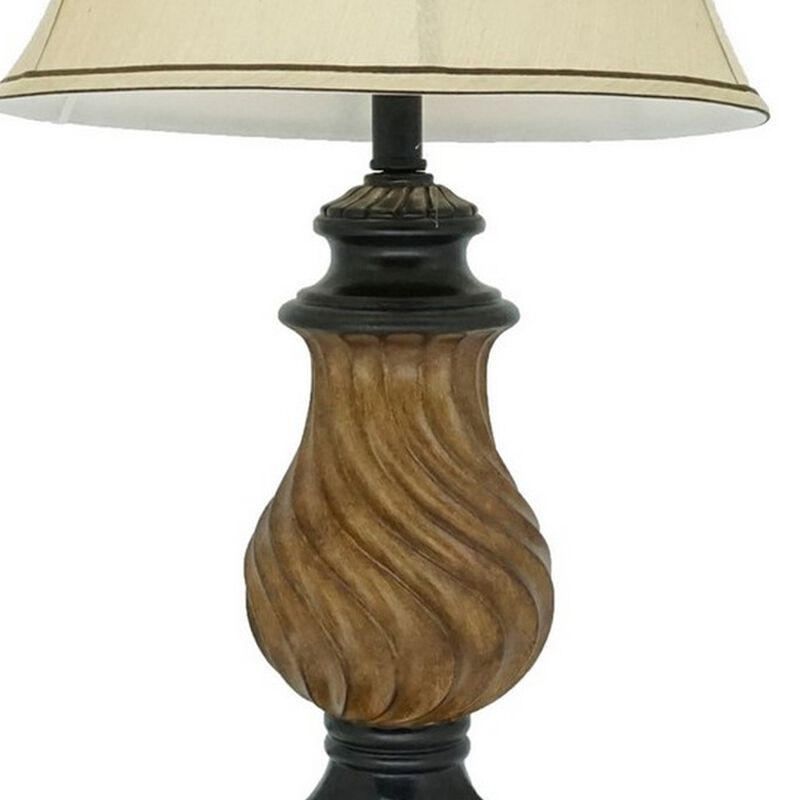 29 Inch Table Lamp, Traditional Round Beige Fabric Shade, Brown Plinth Base - Benzara image number 1
