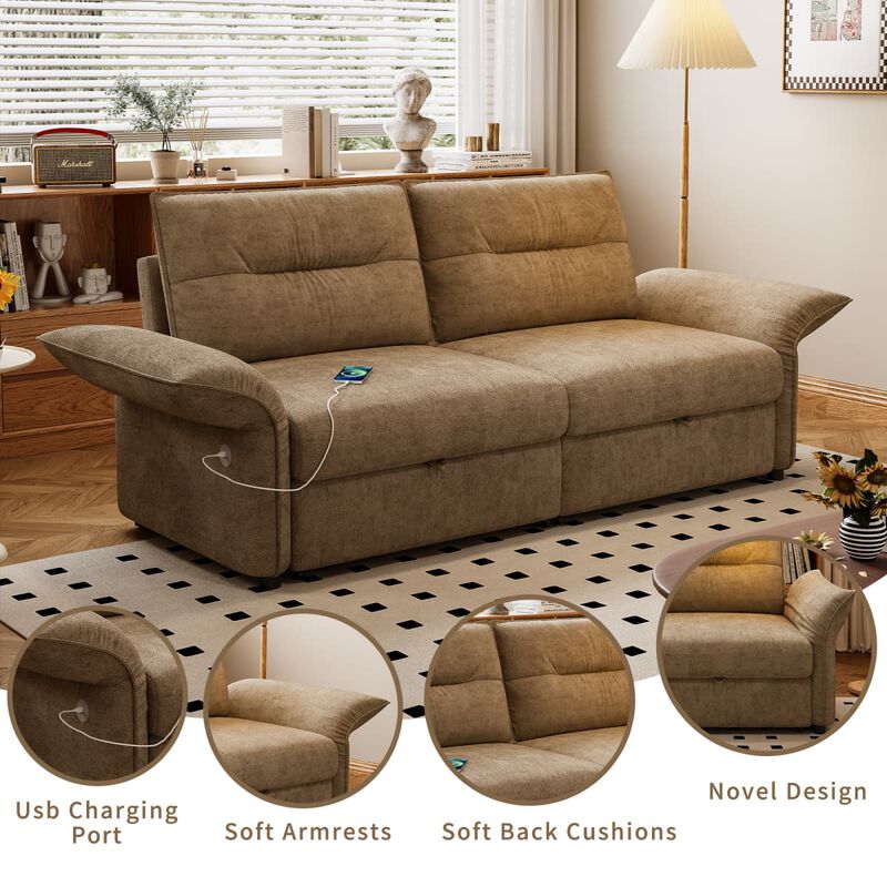 Convertible sleeper sofa bed, Plush fabric pull out futon with USB charging ports, 85 inch sofa bed for small spaces image number 6