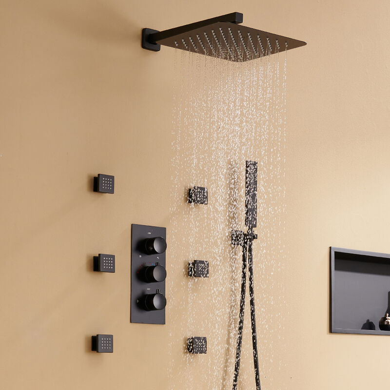 Mondawe 3 Functions Wall Mounted Thermostatic Shower System with 6 Body Jets and Rough-in Valve in Matte Black