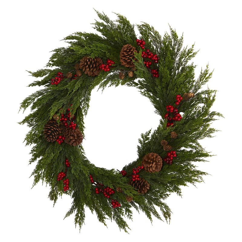 Hivvago 32'' Cypress with Berries and Pine Cones Artificial Wreath
