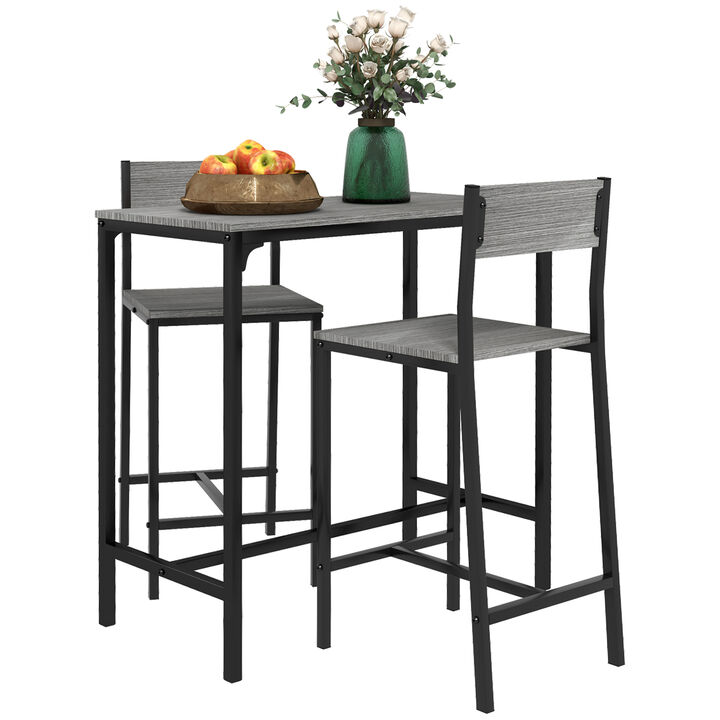 HOMCOM 3 Piece Bar Table and Chairs, Industrial Dining Table Set for 2, Counter Height Kitchen Table with Bar stools, Breakfast Table Set for 2 for Small Space, Gray