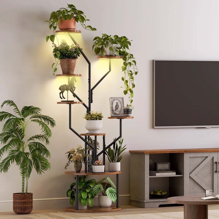 Multi-Tier 8 Shelf Plant Stand with Full-Spectrum LED Grow Lights-Brown