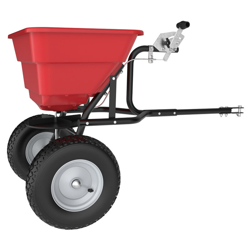 FUFU&GAGA 80lb Tow-Behind Spreader &ndash; Durable Red Frame, Rubber Pneumatic Tires, Adjustable Feed Control, (22.8" L x 16.1" W x 30.3" H), red image number 3