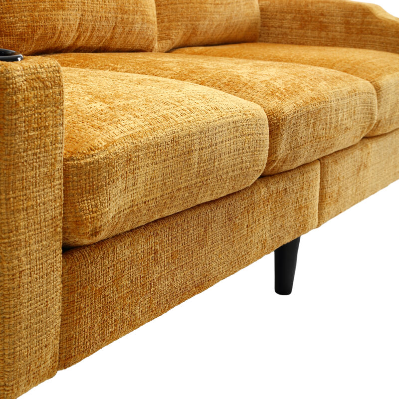 Sofa for three, solid wood frame, Chenille fabric, side pocket, with two cup holders, footstool with storage sofa