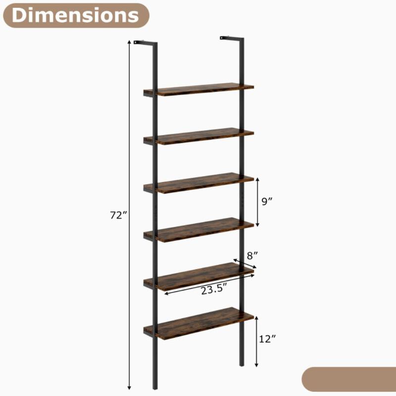 Hivvago 6-tier Ladder Shelf Industrial Wall Mounted Bookshelf