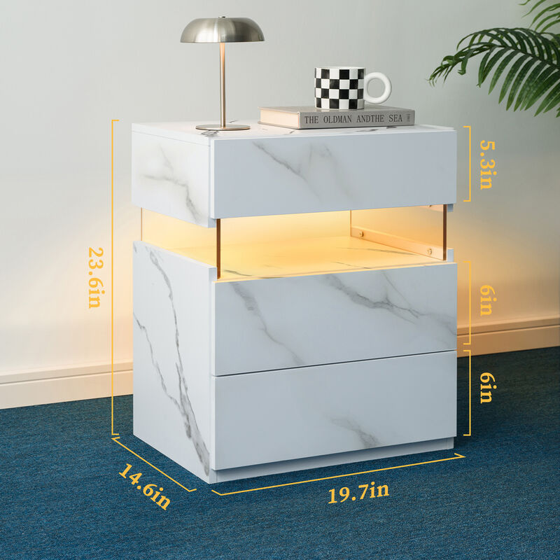 TATEUS Acrylic LED Nightstand with 3 Drawers, Lighted Bedside Table Dresser for Bedroom End Furniture