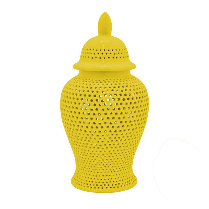 Deni 25 Inch Ginger Jar, Carved Cutout Lattice, Removable Lid, Yellow - Benzara