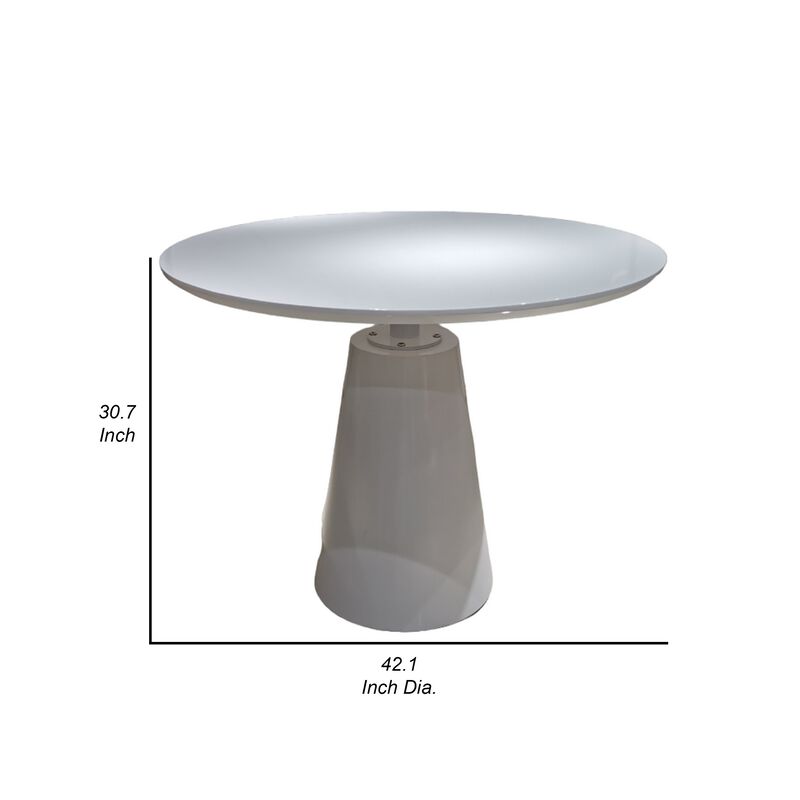42 Inch Dining Table, Lacquer Round Tabletop, Pedestal Metal Base, White - Benzara