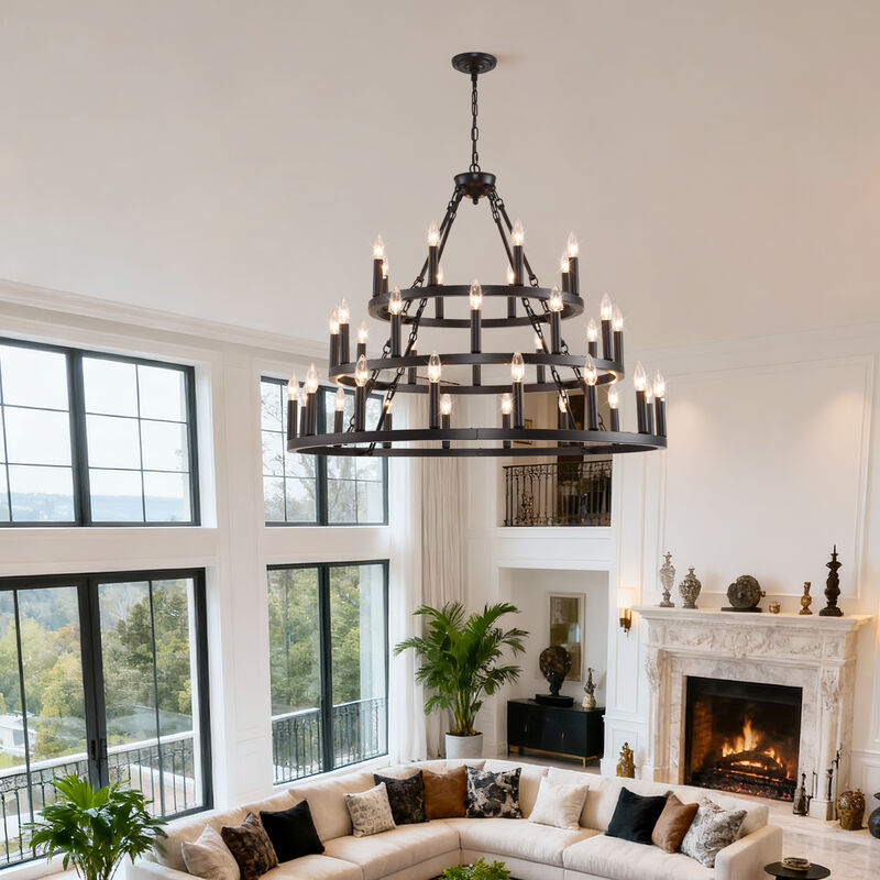 ELEMENT ACE 3-Tier Wagon Wheel 36-Light Adjustable Height Chandelier Hanging Light Fixture for High Ceiling Living Dining Room Foyer Entryway Kitchen Island Bar image number 9