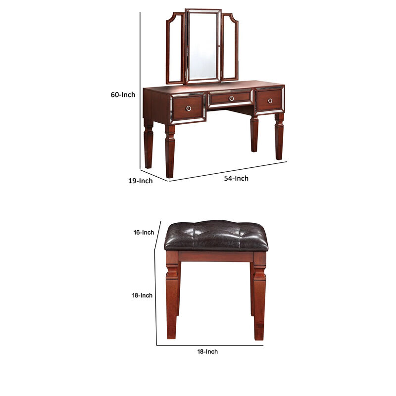 Thuy 60 Inch Vanity Desk Set, Upholstered Stool, Trifold Mirror, Brown-Benzara