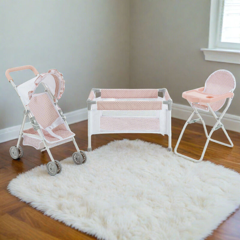 Olivia's Little World Polka Dot Princess Baby Doll 3pc Nursery Set, Pink & Gray image number 1