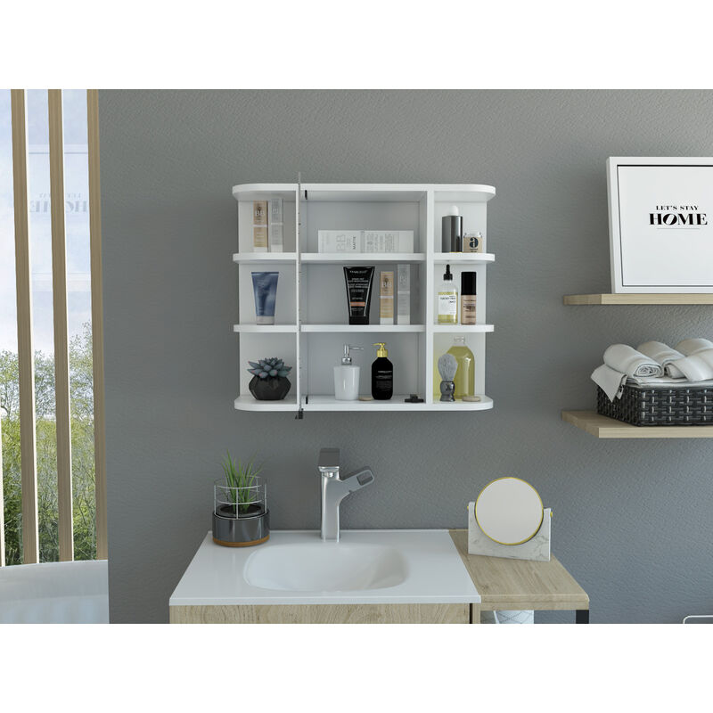 Milan Medicine Cabinet, Six External Shelves Mirror, Three Internal Shelves -White