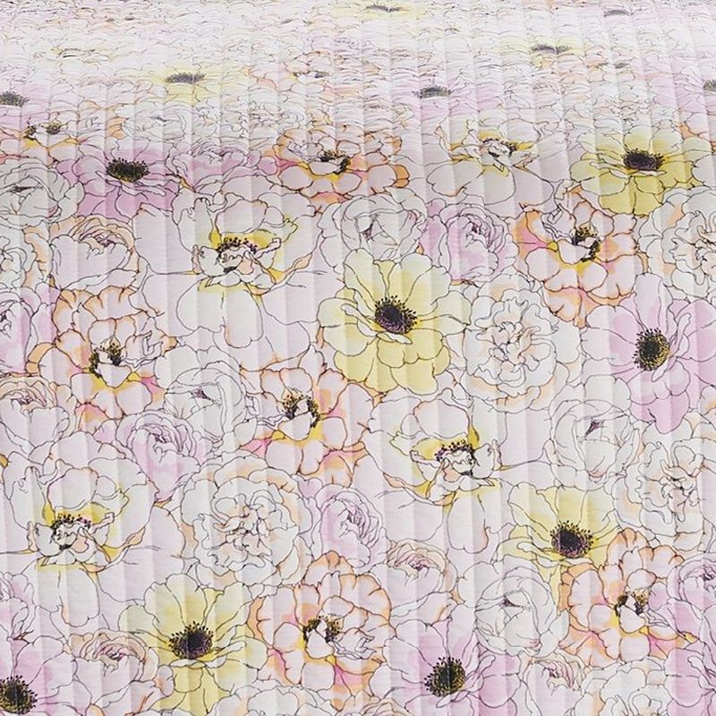 Milan 3 Piece Microfiber Blooming Flower Pattern Queen Quilt Set, White and Pink - Benzara