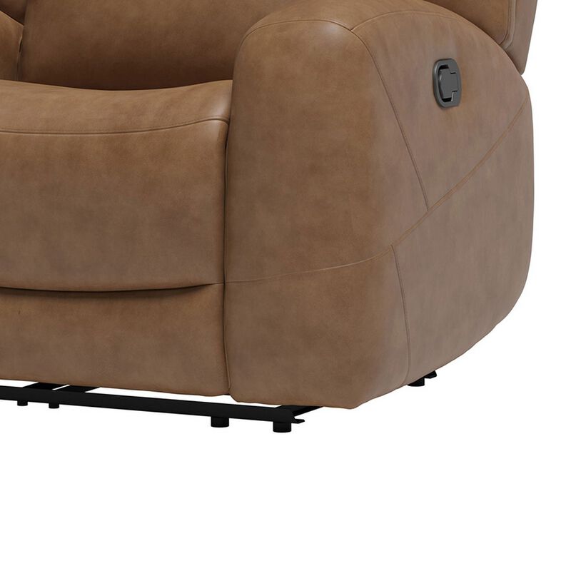 Leos Manual Recliner Chair, Contour Armrest, Wood Frame, Brown Leather - Benzara