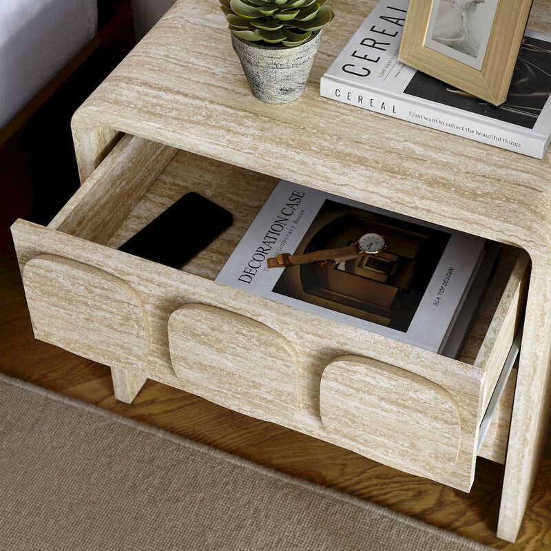 Modway Toscana 2-Drawer Nightstand in Travertine - Rounded Curved-Top Nightstand with Circular Pattern Drawers &ndash; Modern Side or End Table for Living Room with Storage Drawers image number 9