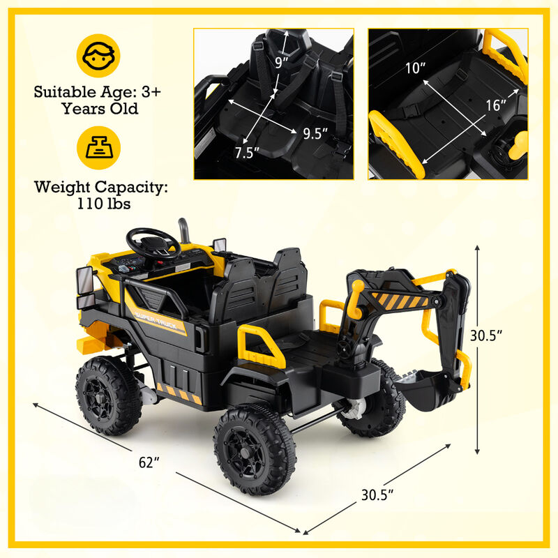 2 Seater 24V Electric Ride On Excavator with 4WD and Remote Control for Yard-Yellow image number 2