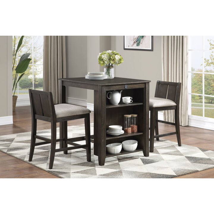 Transitional Design Dark Cherry Finish 3-piece Pack Counter Height Set Table w Display Shelf USB ports and 2x Counter Height Chairs Fabric Upholstered Dining Furniture