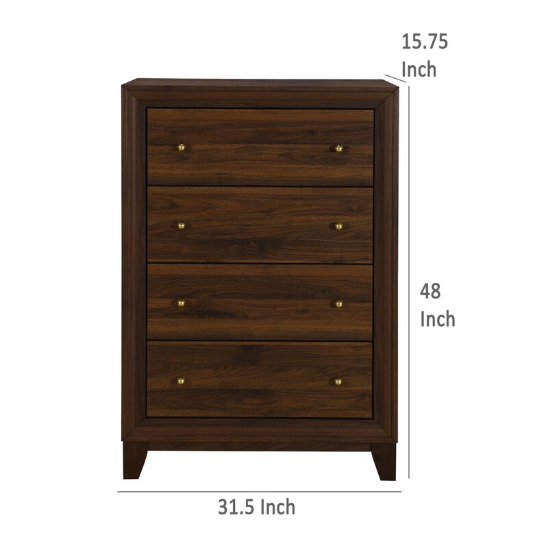 Yels Tall Dresser Chest with 4 Drawers, Gold Metal Knobs, Walnut Brown - Benzara