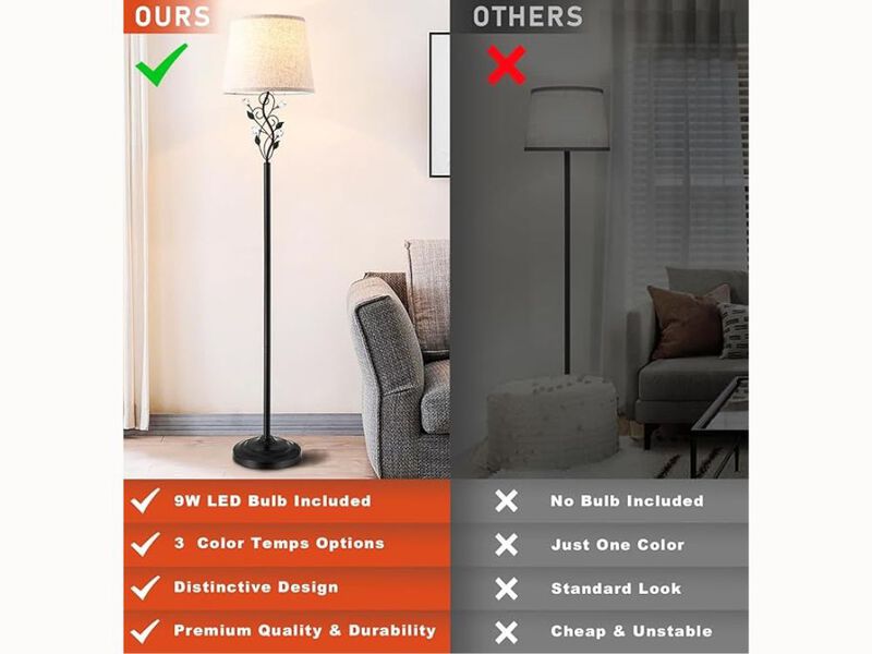 Sheeta 65" Farmhouse Floor Lamp &ndash; Rustic Leaf Design, 3-Color LED Bulb, Tall Black Lamp