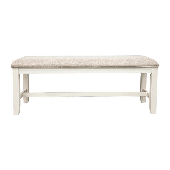Sam 50 Inch Dining Bench, Farmhouse Style, Beige Upholstery, White Wood - Benzara