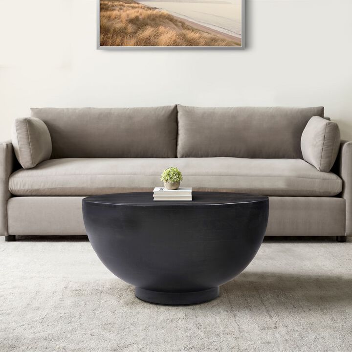 30 Inch Modern Art Coffee Table, Round Drum Shape, Solid Mango Wood, Matte Black-Benzara