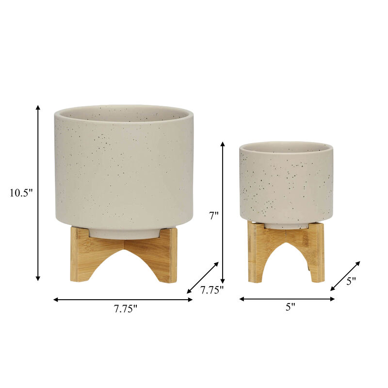 Planter with Wood Stand, Matte Beige Set