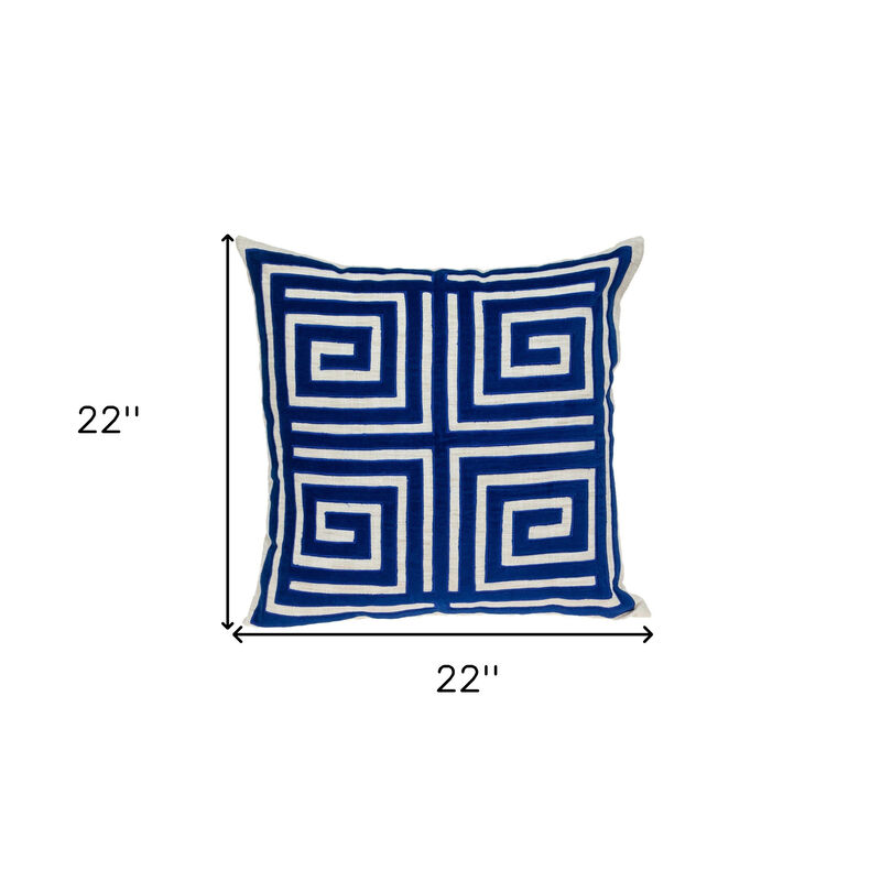HomeRoots 22" Beige and Blue Poly Cotton Blend Throw Pillow with Embroidery and applique image number 5