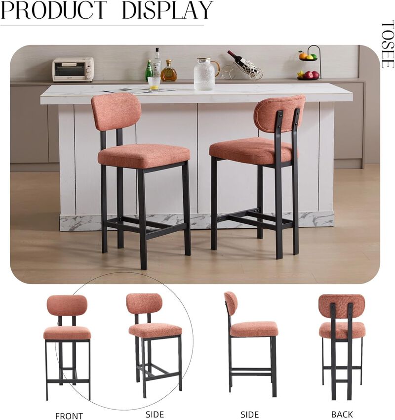 Envelor Counter Height Upholstered Chenille Bar Stool with Metal Legs, Set of 2 image number 3