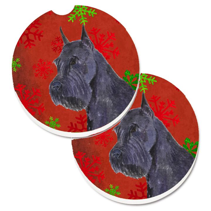 Caroline's Treasures Schnauzer Red & green Snowflakes Holiday Christmas Set of 2 Cup Holder Car Coasters SS4730CARC, 2.56, Multicolor