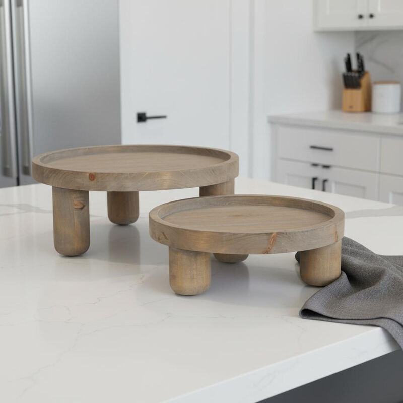 HomeRoots Set of Two Gray And Natural Solid Wood Handmade Round Risers image number 1