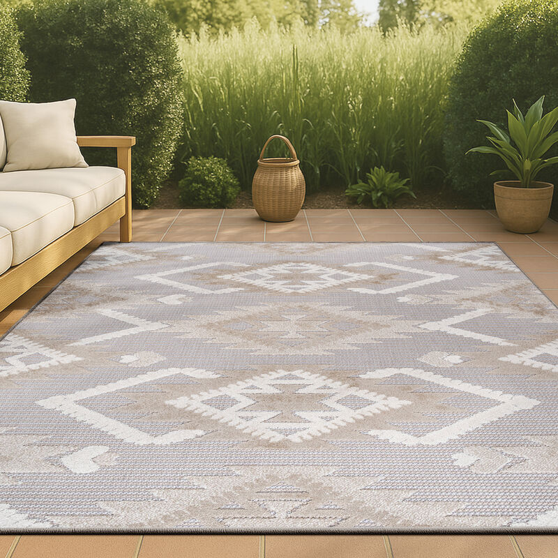 Sumak High-Low Pile Neutral Diamond Kilim Area Rug