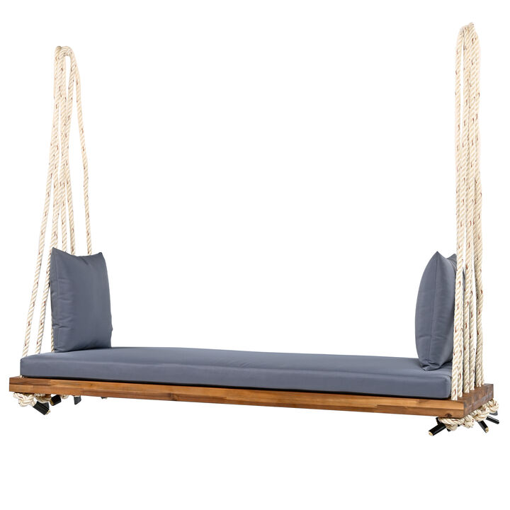 Whisen Hanging Porch Swing Bench with Cushion, Acacia Wood Swing Chair, 10.8Ft Hemp Ropes
