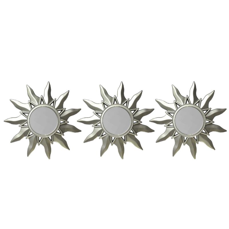 Set of 3 Mayan Sunburst Matte Silver Round Mirrors 9.5"