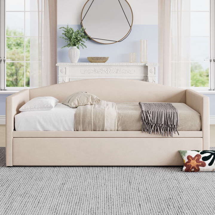 Merax Pop-Up Trundle Daybed with Velvet Upholstery & Padded Armrests