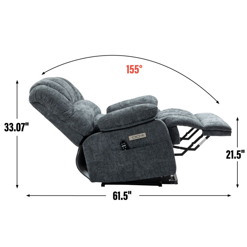 Power Lift Recliner Chair - High Back Large Size, 8-Point Massage & Heating, Blue Grey Chenille Fabric