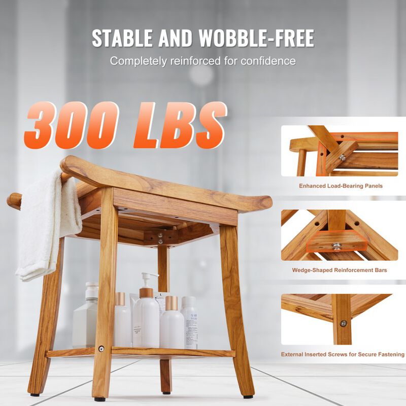 Waterproof Teak Shower Stool with Storage Shelf, Handle and Non Slip Feet-Natural image number 7