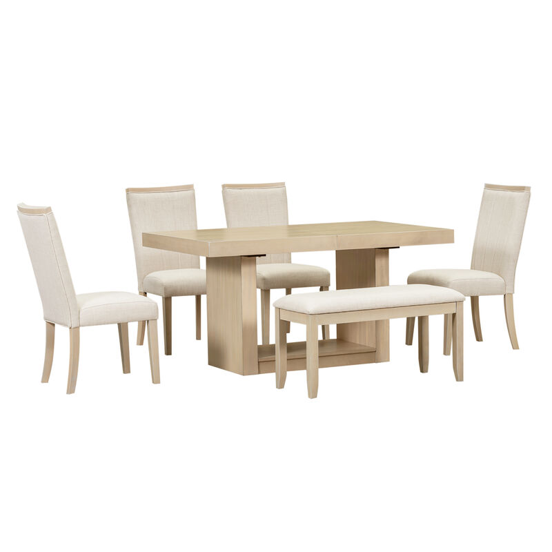 Whisen Contemporary 6-Piece Extendable Dining Table Set with Bench and 4 Upholstered Dining Chair - Natural
