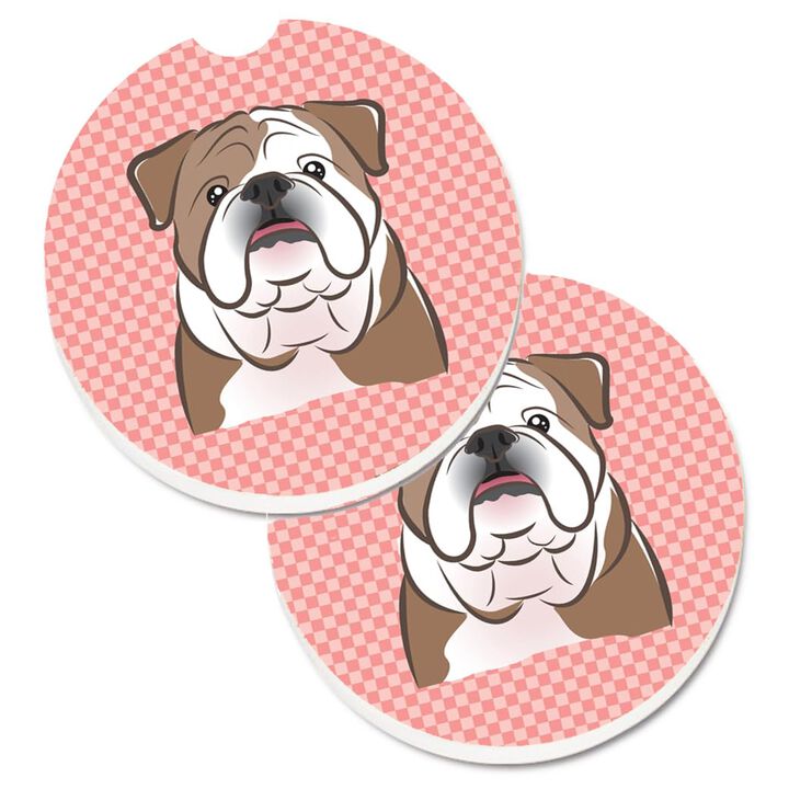Caroline's Treasures Checkerboard Pink English Bulldog Set of 2 Cup Holder Car Coasters BB1219CARC, 2.56, Multicolor