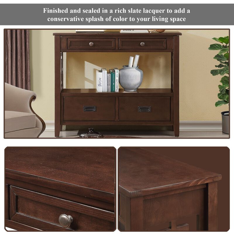 GOODSILO Farmhouse Pine Wood Console Table Entry Sofa Table with 4 Drawers and Storage Shelf image number 7