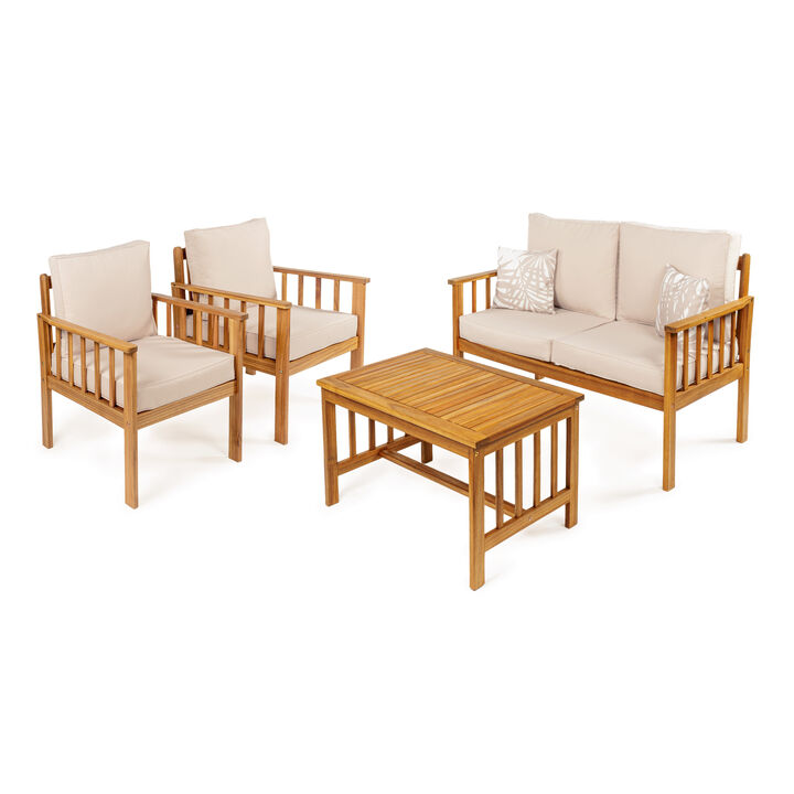 Everly 4-Piece Modern Cottage Acacia Wood Outdoor Patio Set with Cushions and Tropical Decorative Pillows, Beige/Teak Brown