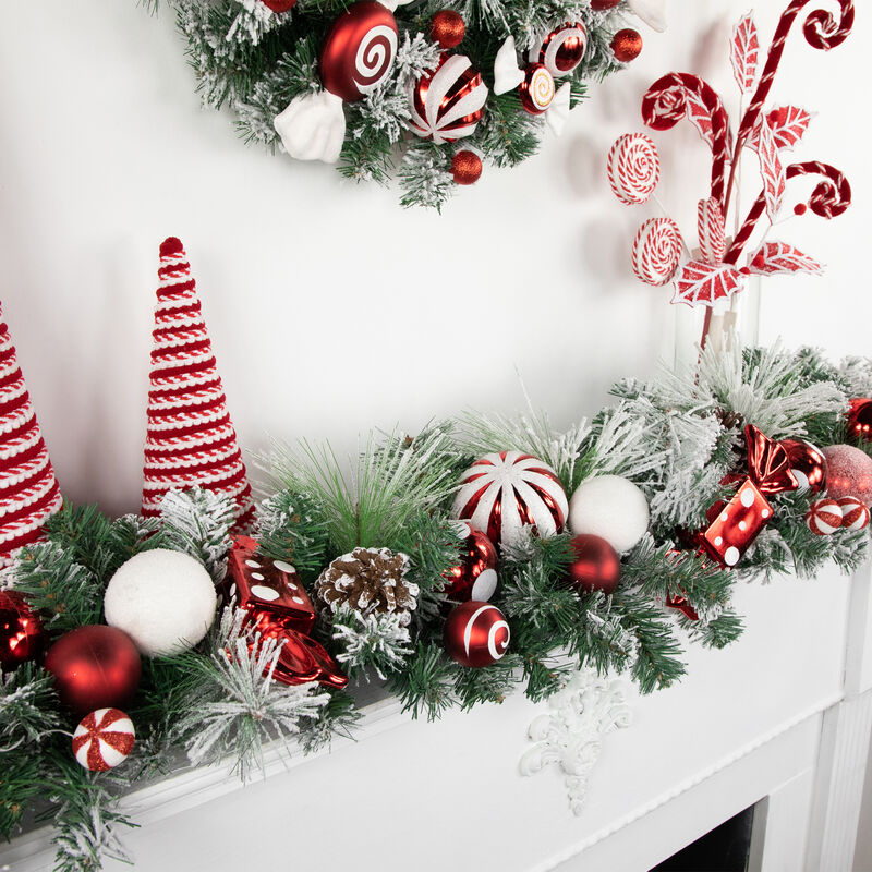 6' Flocked Pine Artificial Christmas Garland with Candy Ornaments and Pinecones image number 1