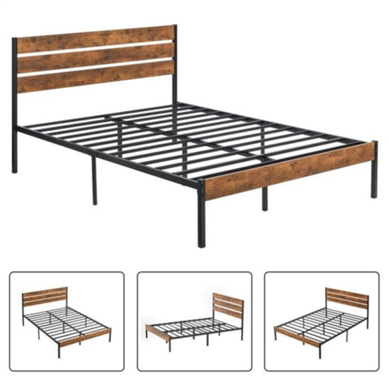 Sturdy Platform Bed Frame with Brown Wood Slats and Industrial Metal Design